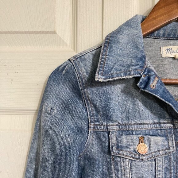 Madewell Womens Medium Wash Distressed Pockets Button Up Denim Jean Jacket XS - Picture 6 of 10